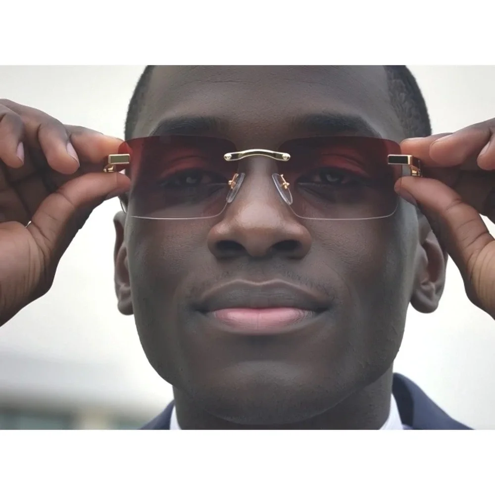 Rimless Sunglasses‎ Pink Lens Wood Arms Gold Accents Men's Classic Retro Gafas